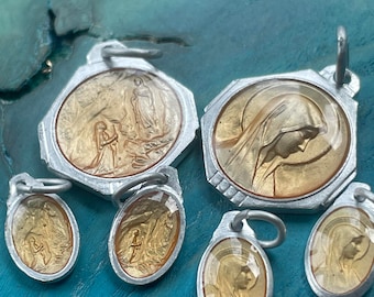 Lot 5pcs vintage french religious medal enamel silver tone beige pink gold medal medaille  emaile