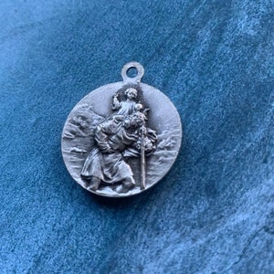 One large french vintage silver tone bronze St Christoph St Jean du puy flower Christian cathedral medal  horse crown France