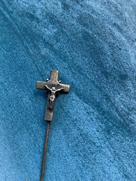 Beautiful french antique sterling silver cross Crucifix pin solid silver  Christian religious symbol cross pin stamped old tie pin brooch