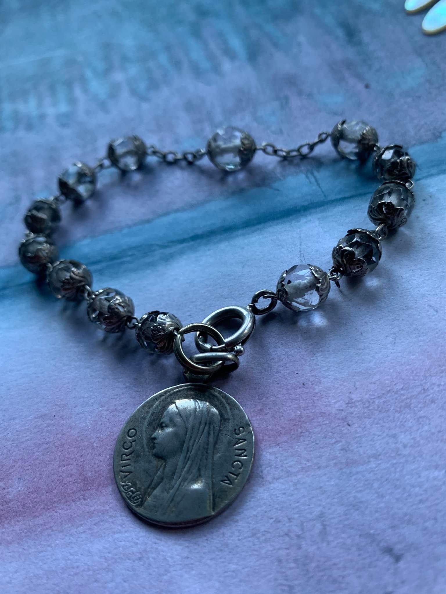 Français Ancien Chapelet en Argent Sterling Sculpté à La Main Strass Ornés Casquettes Gravées Antiqu