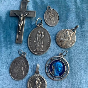 Lot 7pcs antique french vintage medal enamel religious medal sterling silver cross gold crucifix reliquary croix collection A08