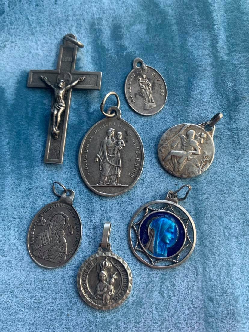 Lot 7Pcs Antique Français Vintage Médaille Émail Religieuse Croix en Argent Sterling Crucifix Reliqu