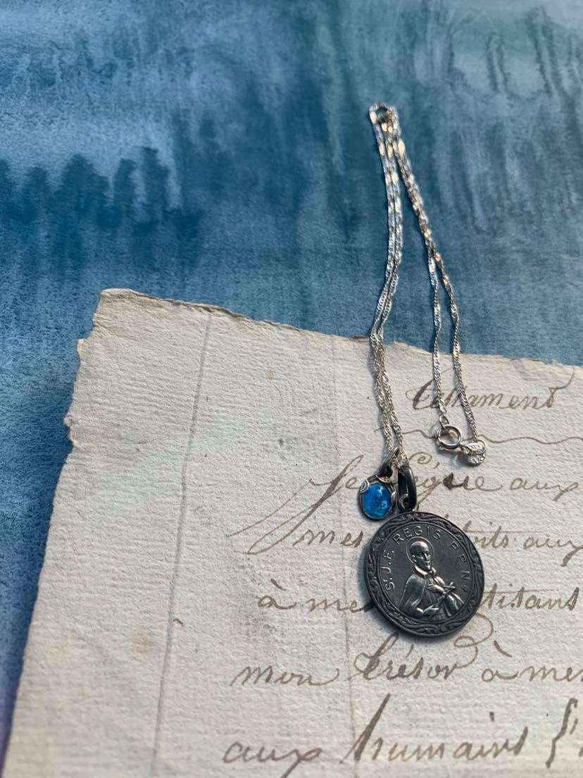 Rare Français Antique Religieux Grand Collier de Médaille Pendentif St J F Regis Argent Sterling en