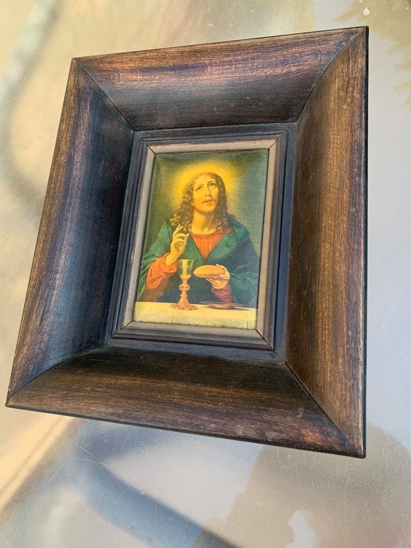 Rare Français Antique Art Nouveau Céramique Peinture Reliquaire Ancien Jésus-Christ Communion Mur So