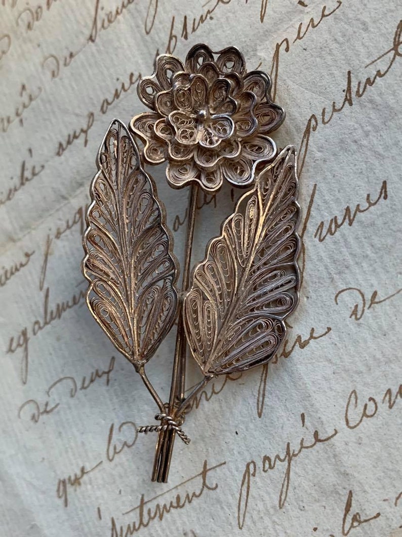 french antique art deco filigree sterling silver 800 solid silver large brooch hand made solid silver floral brooch pin