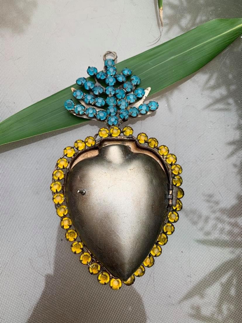 Français Antique Relique Religieuse Reliquaire Sacré-Cœur de La Vierge Marie avec Boîte en Nacre Orn