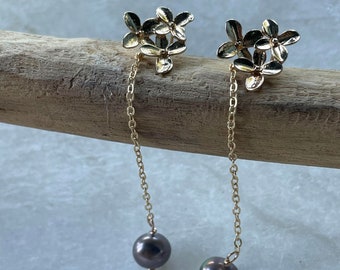 Beautiful hand made gray pearl gold flower earring gold tiny chain link long romantic earrings cultured gray pearls