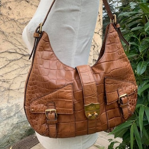 Bolso de mano vintage Ralph Lauren de piel de alta calidad para mujer, bolso de mano marrón claro con cierre de bronce dorado, bolso grande de piel con colgante.