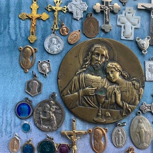 Lot 41pcs antique vintage medal enamel religious medal  enamel medal cross crucifix reliquary croix collection A2040