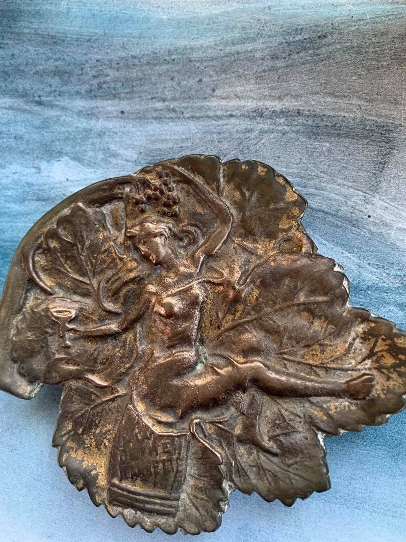 Français Antique Art Nouveau Raisin Femme Bronze Massif Or Doré Plateau Floral Sculpté Signé Antic e