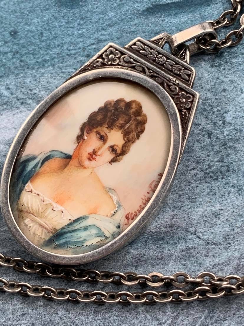 Rare Grand Français Antique 19Ème Siècle Argent Sterling Signé Miniature Peinture Pendentif Collier