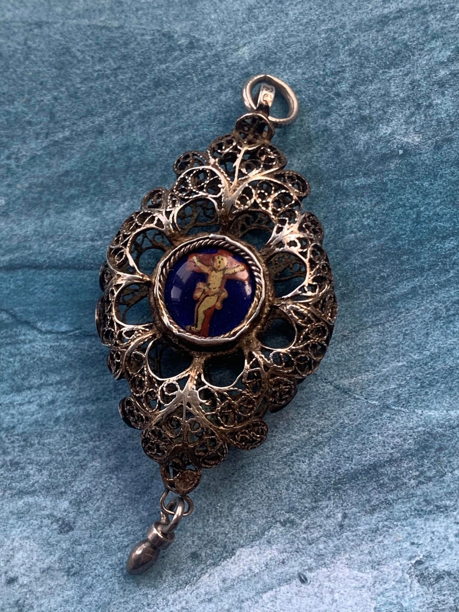 Rare Grande Antiquité Du 18Ème Siècle Français Filigrane Médaille Religieuse en Argent Sterling Pein