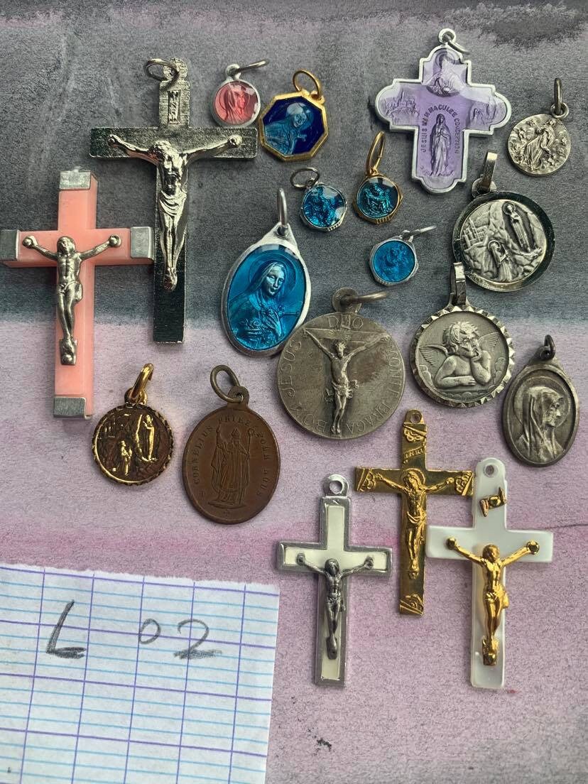Français Médaille Vintage Antique Religieuse Croix Crucifix Sacré-Cœur Émail St Theresa Virgine Mari