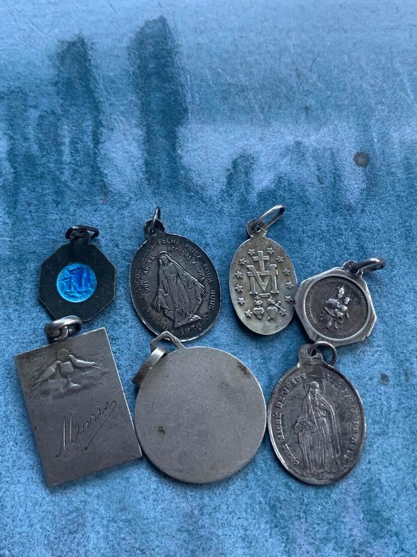 Lot 6Pcs Français Antique Français Vintage Médaille Émail Religieuse Argent Sterling Croix en Or Cru