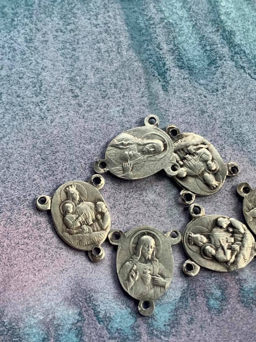 Lot 6Pcs Vintage Français Médaille Religieuse Argent Ton Chapelet Bronze Massif Sacré Cœur de Jésus