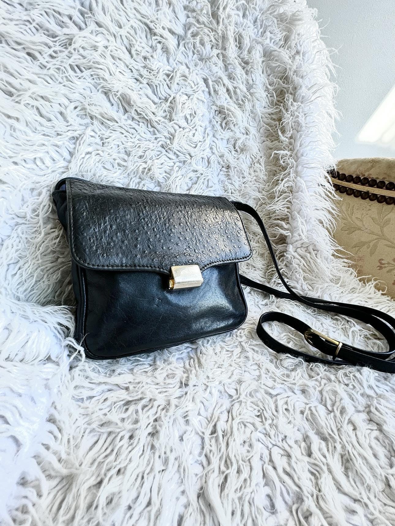 Vintage Black Leather Bag Made in Italy Shoulder Bag Gold