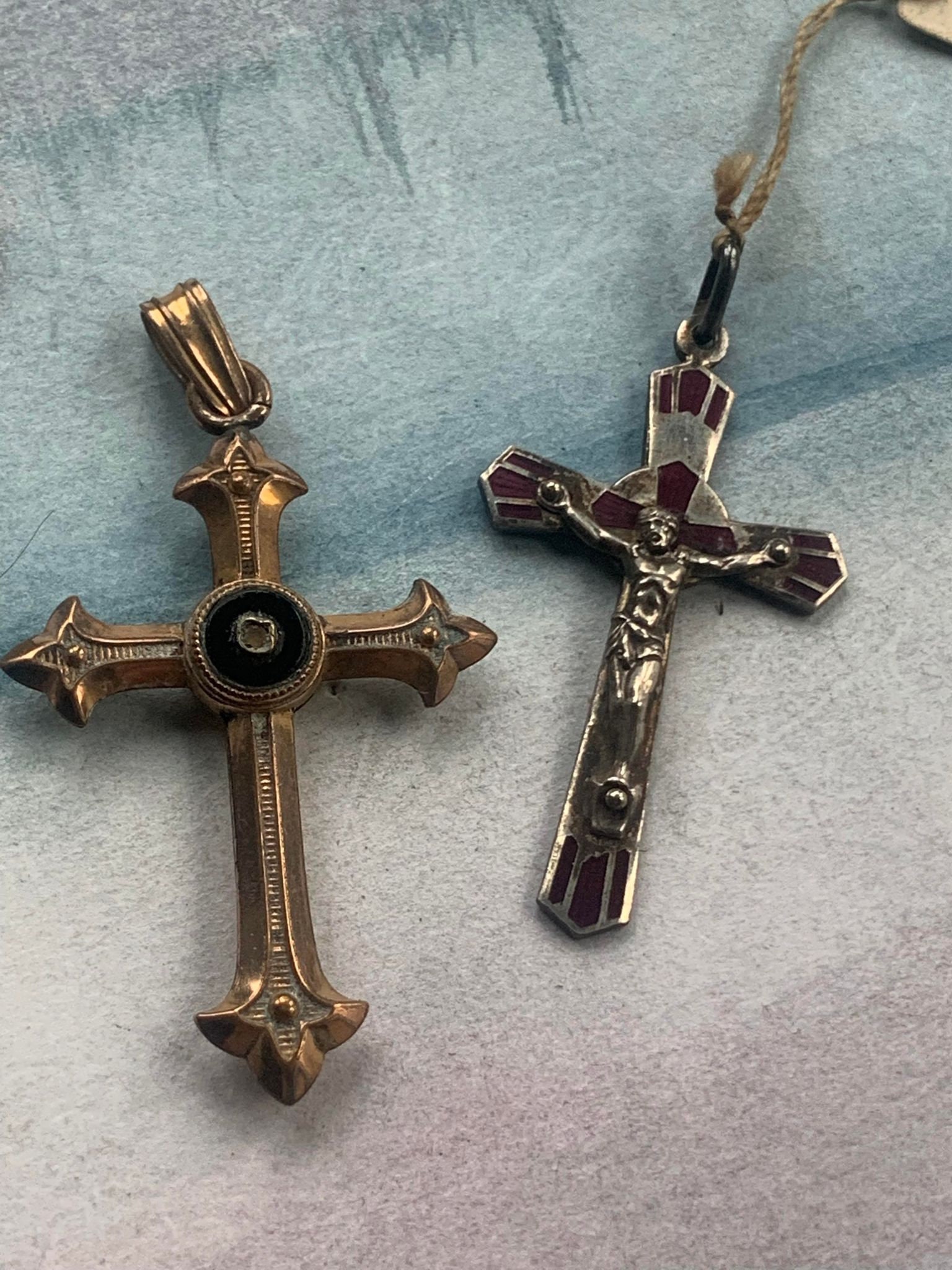 Français Antique Argent Sterling Émail Or Vermeil Croix Religieuse Crucifix Médaille Gothique Rose L