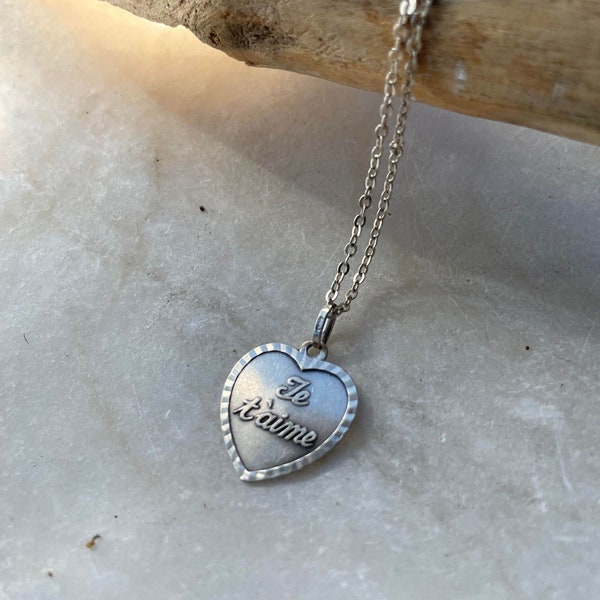 vintage love heart sterling silver pendant  engraved with word I love you Je t'aime carved heart  necklace 925 sterling silver