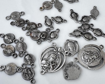 Lot 24 pcs vintage french religious medals old silver Theresa medal solid brass medal pendant Old stock medaille Virgin mary Jusus