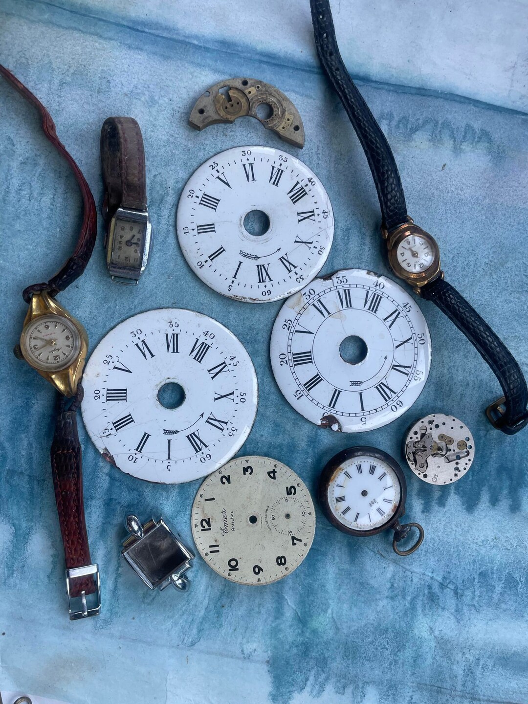 French Antique Watch Face Mechanical Parts Time Piece Pocket Watch Twist Watch Leather Bracelet