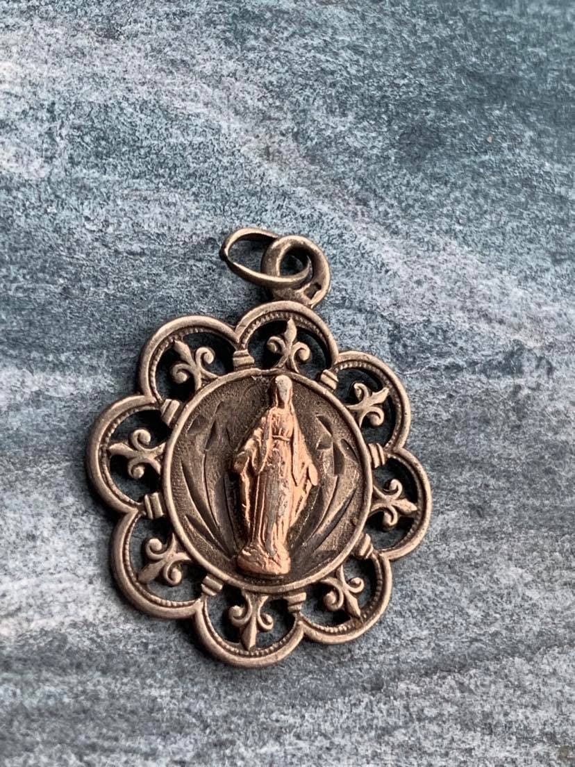 Français Antique 19Ème Siècle 800 Médaille Religieuse en Argent Vierge Marie Notre-Dame Vermeil d'or