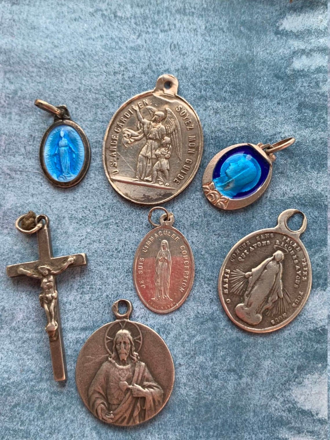 Lot 6Pcs Antique Français Vintage Médaille Émail Religieuse Argent Sterling Croix Or Crucifix Reliqu