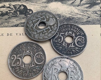 UNE pièce de monnaie vintage antique française 25ct années 1920 - 1930 pièce de monnaie en forme de donet vieil argent