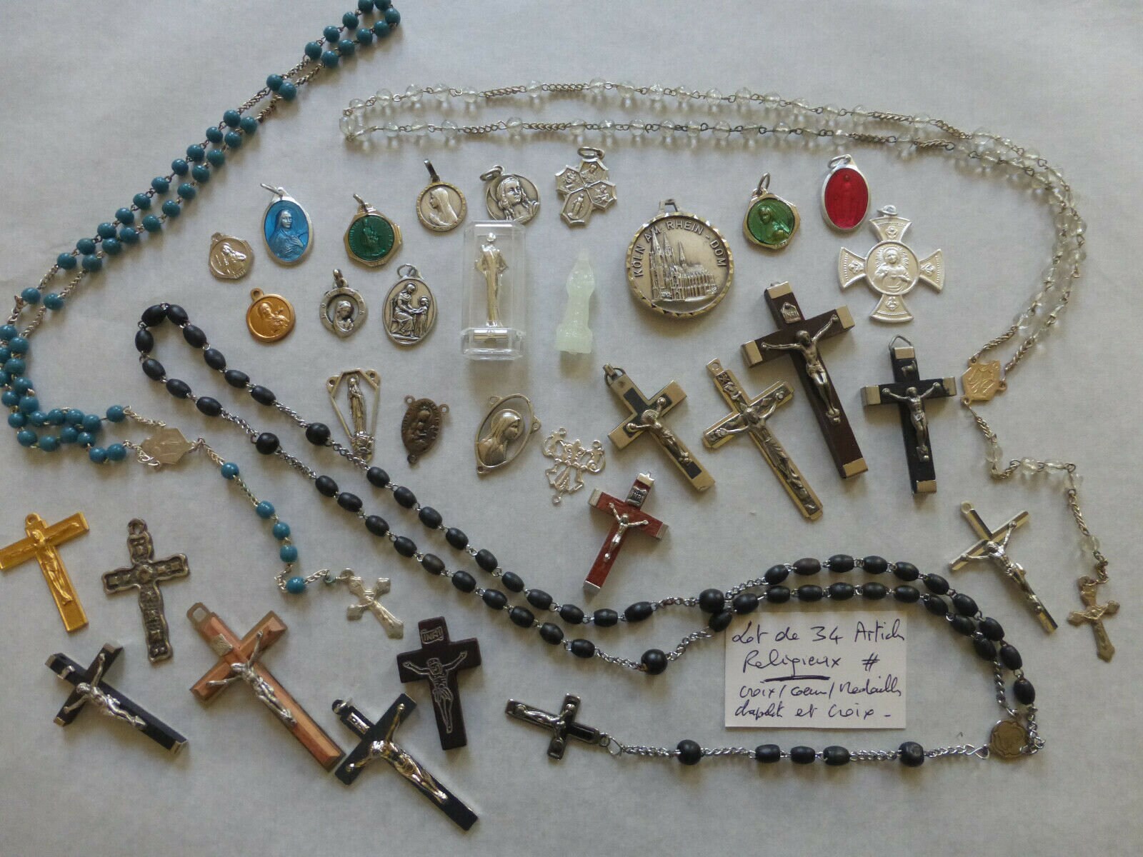 Grand Lot 34 Ps Français Antique Vintage Médaille Religieuse Croix Crucifix Sacré Cœur Émail Reliqua