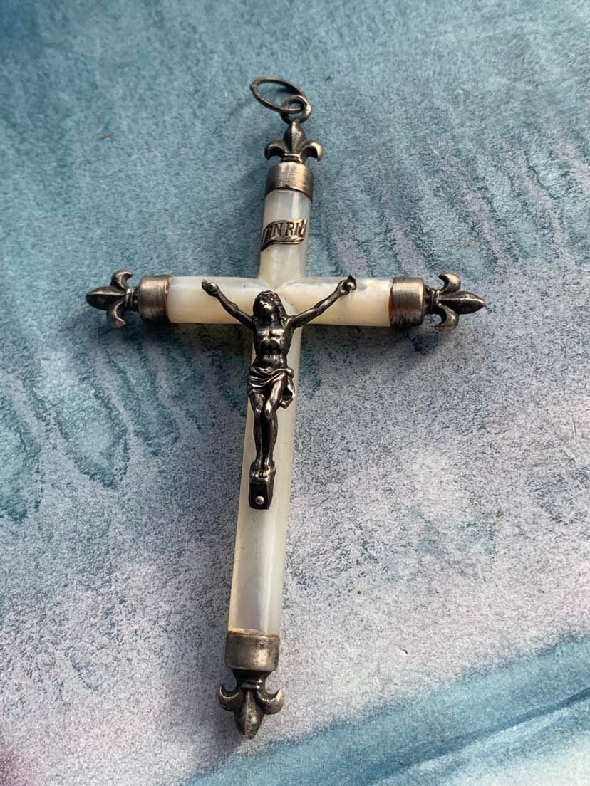 Unique en Son Genre Français Crucifix Antique Argent Sterling Du 19Ème Siècle Orné de Fleur Lys Pend