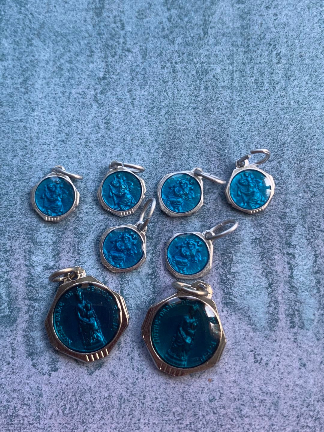 Lot 8Pcs Vintage Français Médaille Religieuse Bleu Émail Argent Ton Medaille Emaile