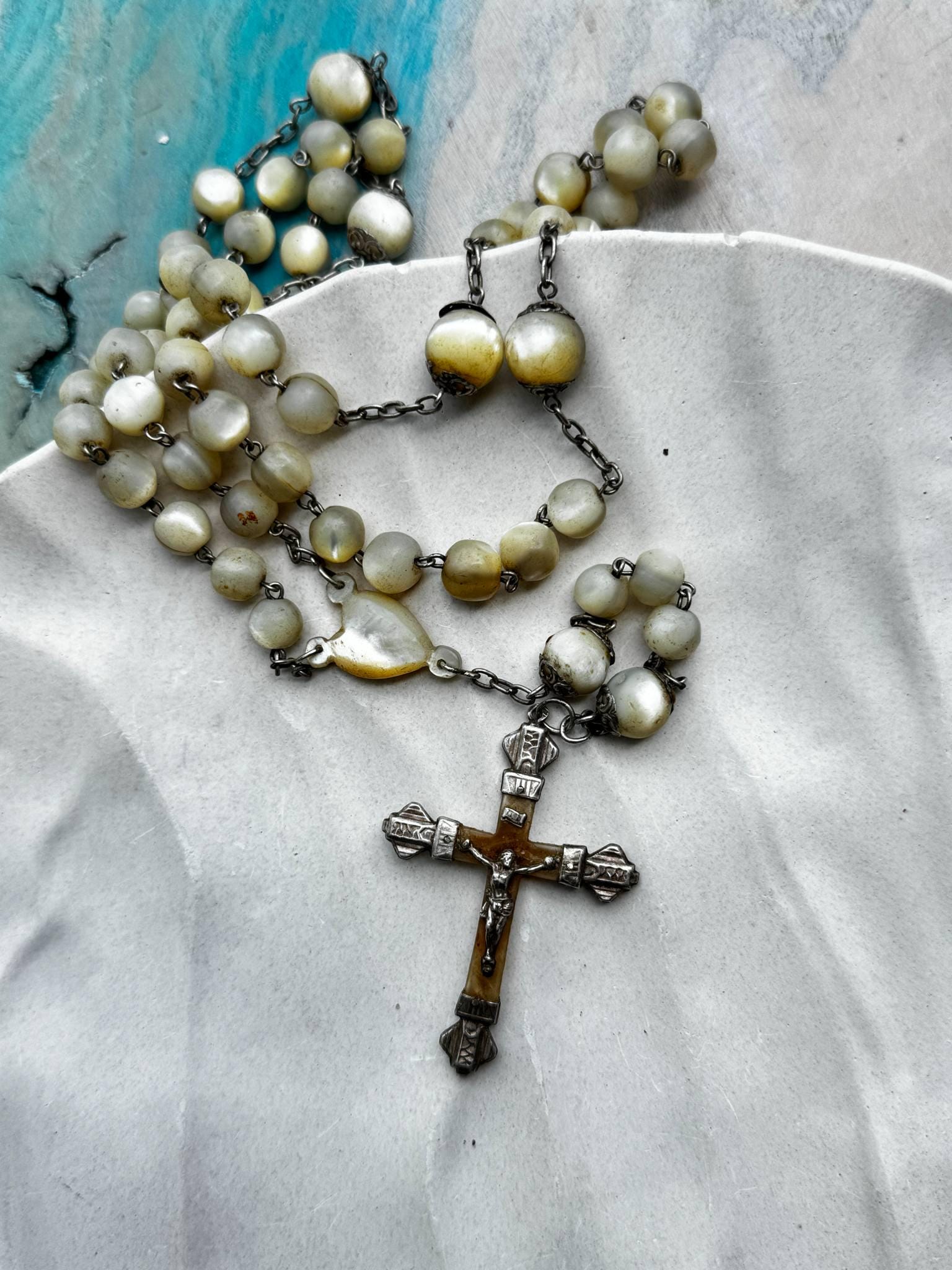 French antique 19th century sterling silver Large mother of pearl Rosary hand carved heart cross crucifix ornate flower Notre dame heart