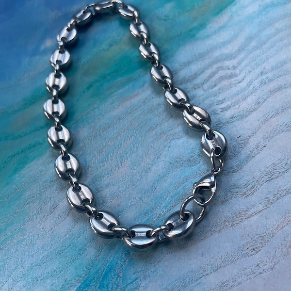 Bracelet en chaîne de graines de café vintage français, bracelet en métal lourd plaqué argent, bracelet unisexe pour homme 20 cm