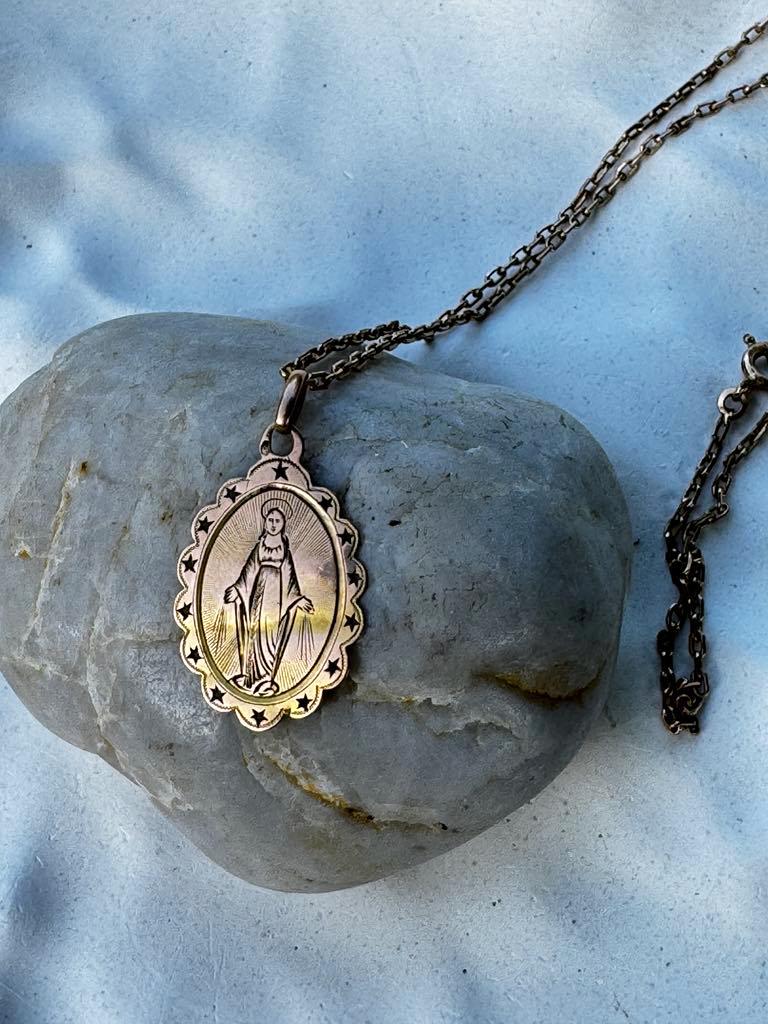 french 1896 antique 18k solid Gold medal religious hand engraved star Our lady Neclace protection pendentif or 18 carats collier pendentif
