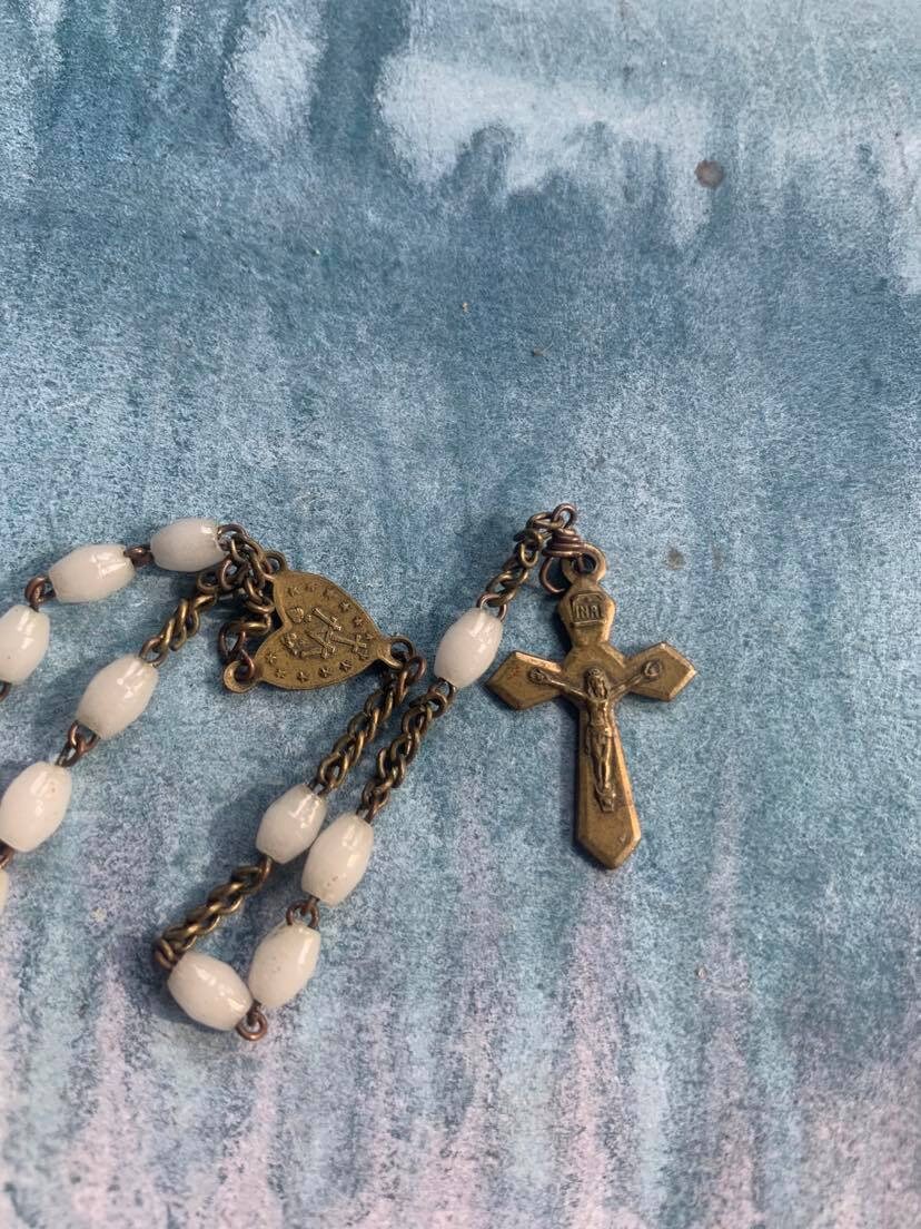 Français Antique Fait à La Main Rosary Croix Cucifix Reliquaire avec Argent Vierge Marie Bronze Sacr