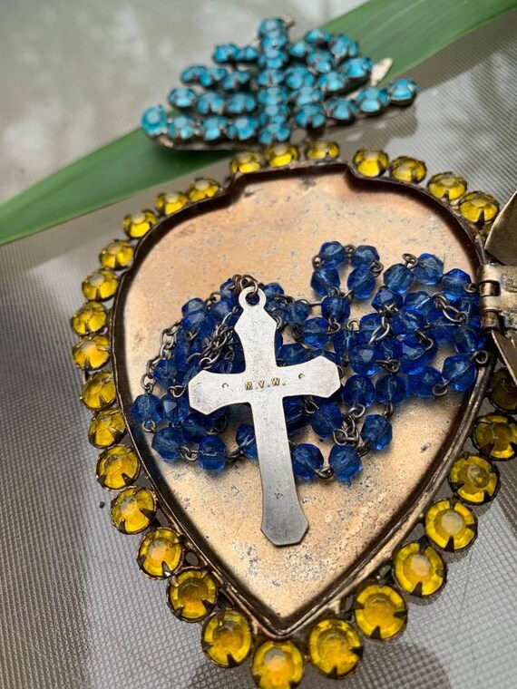 French Antique Religious Relic Reliquary reliquaire Sacred Heart of Virgin Mary with Ornate Bronze Mother of Pearl Box Rosary Wall Pendant