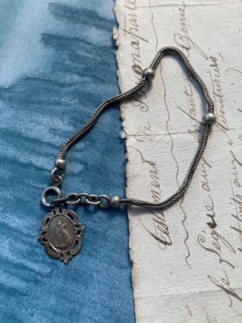 Français Antique Médaille Religieuse Bracelet en Argent Sterling Serpent Chaîne Boule Notre-Dame Fou