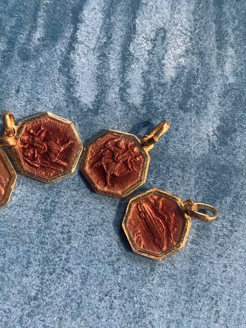 Lot 4Pcs Vintage Français Médaille Religieuse Marron Émail St Christophe Or Ton Laiton Massif Penden