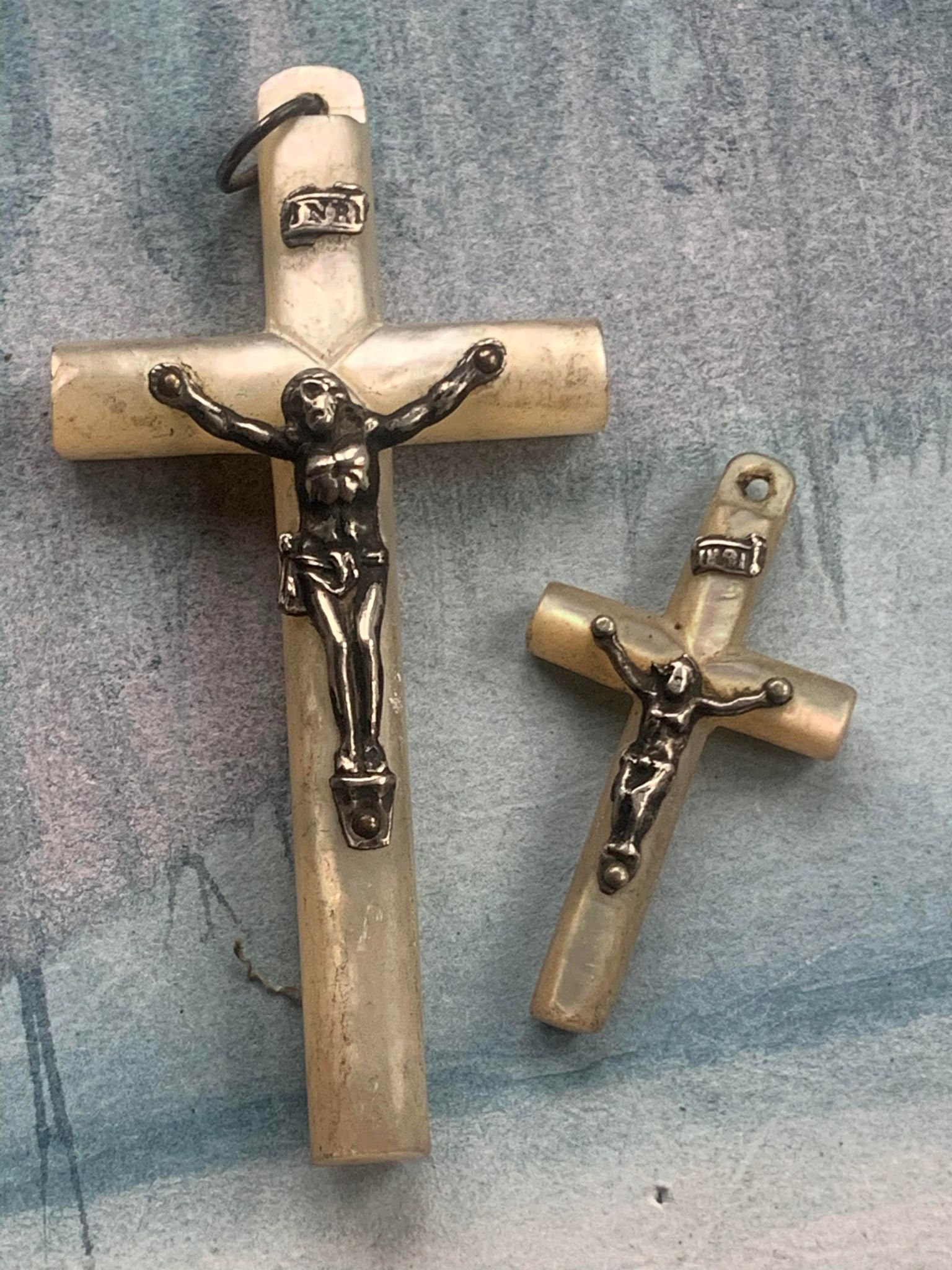 Lot 2 Français Antique Des Années 1920 Art Nouveau en Argent Sterling Nacre Grande Croix Cucifix Gra