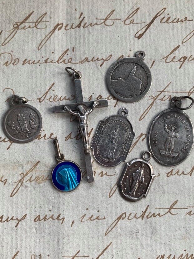 Lot 7Pcs Antique Français Vintage Médaille Émail Religieuse Croix en Argent Sterling Crucifix Reliqu