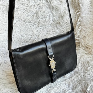 vintage France Celine black leather shoulder bag Paris gold plated C initial clasp button logo dark bleu strap decoration
