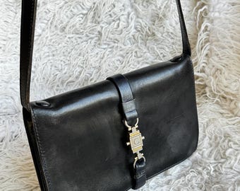 vintage France Celine black leather shoulder bag Paris gold plated C initial clasp button logo dark bleu strap decoration