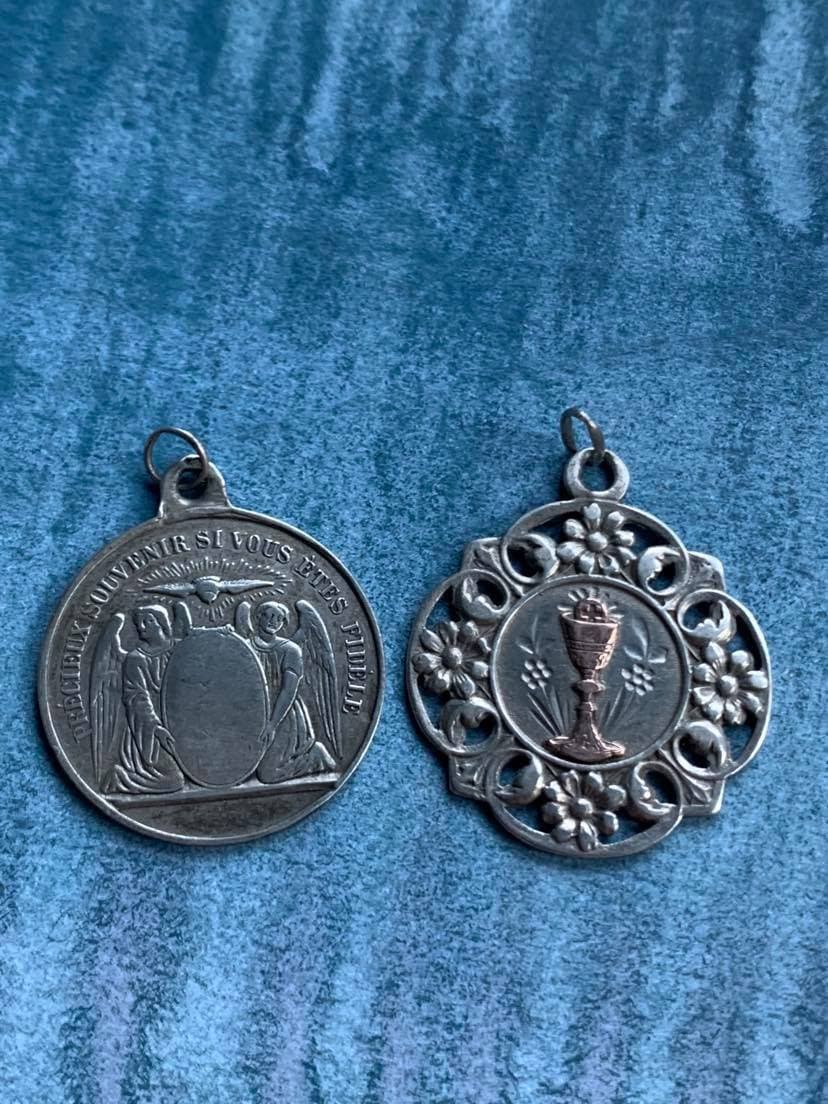 Rare Français Antique Collection de Médaille Religieuse en Argent Sterling Vierge Marie 19Ème Siècle
