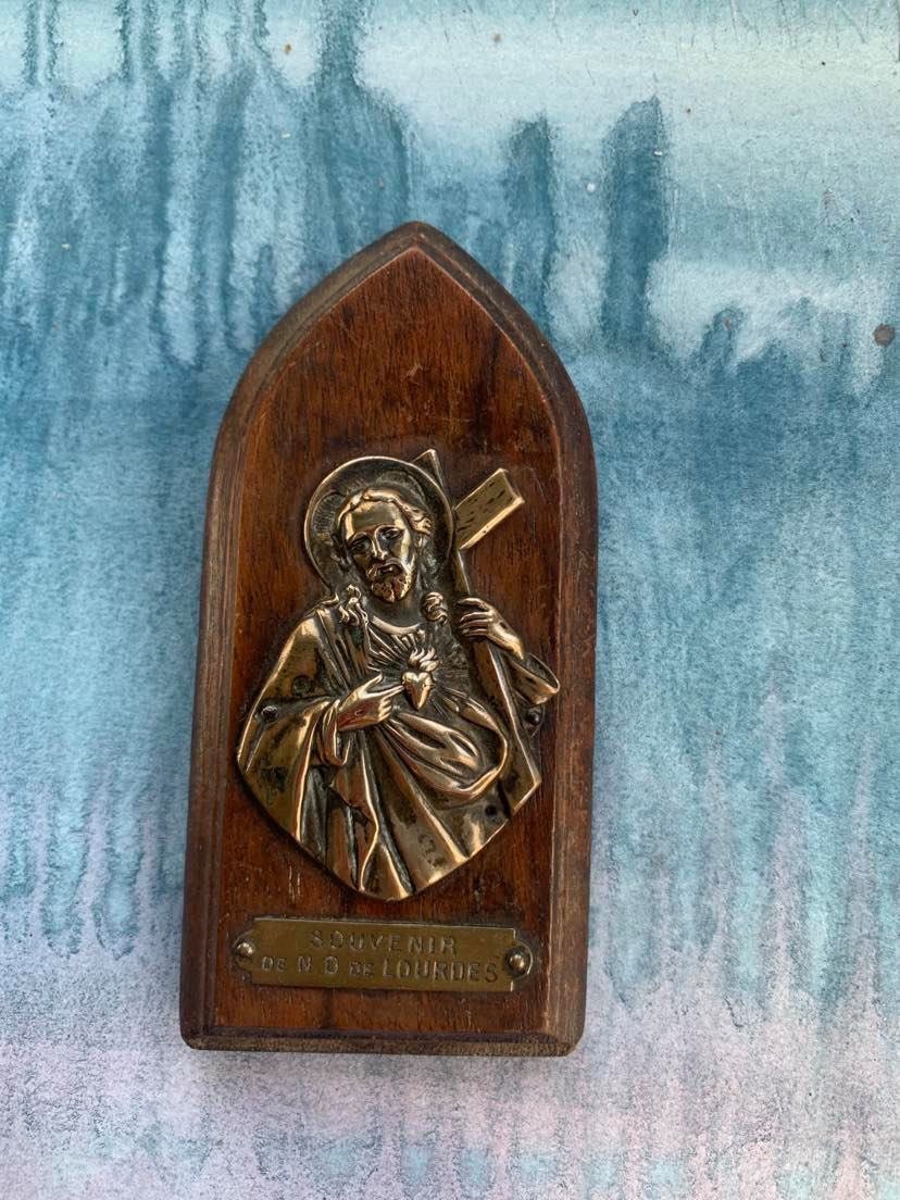 Français Antique Religieux N D Lourdes Médaille de Bronze Relique Reliquaire Saint Christ Notre Seig