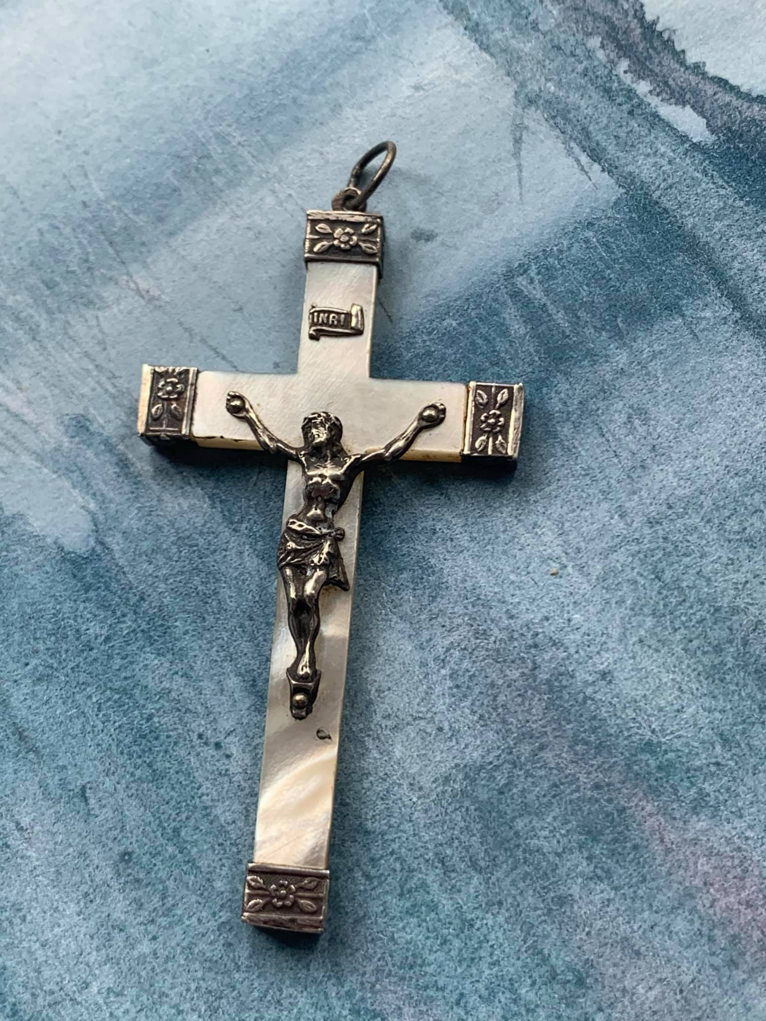 Français Antique Des Années 1910 Art Nouveau en Argent Sterling Nacre Grande Croix Cucifix 3 Pouces