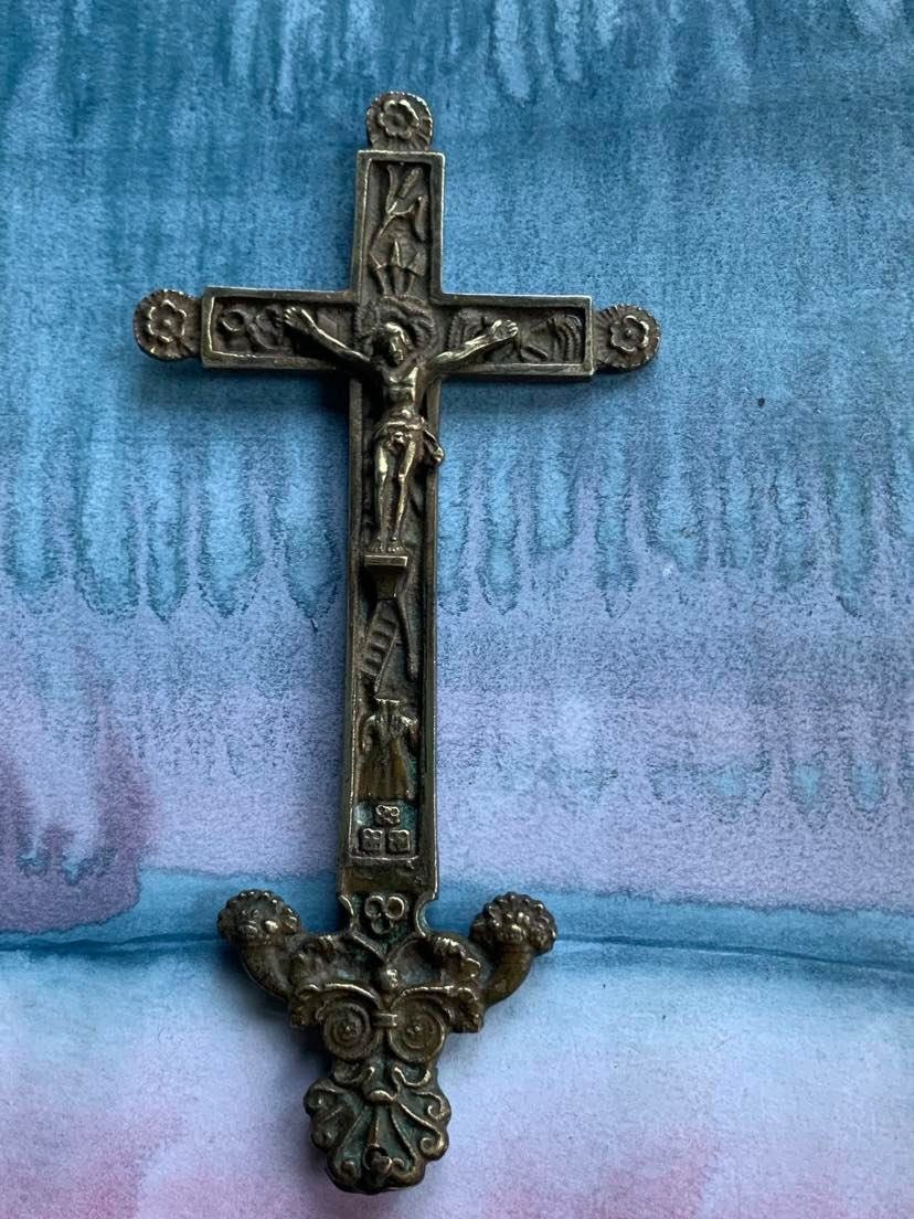 Rare Français Antique 18Ème Siècle en Bronze Massif Cucifix Gravé à La Main Reliquaire Orné Sacré Cœ