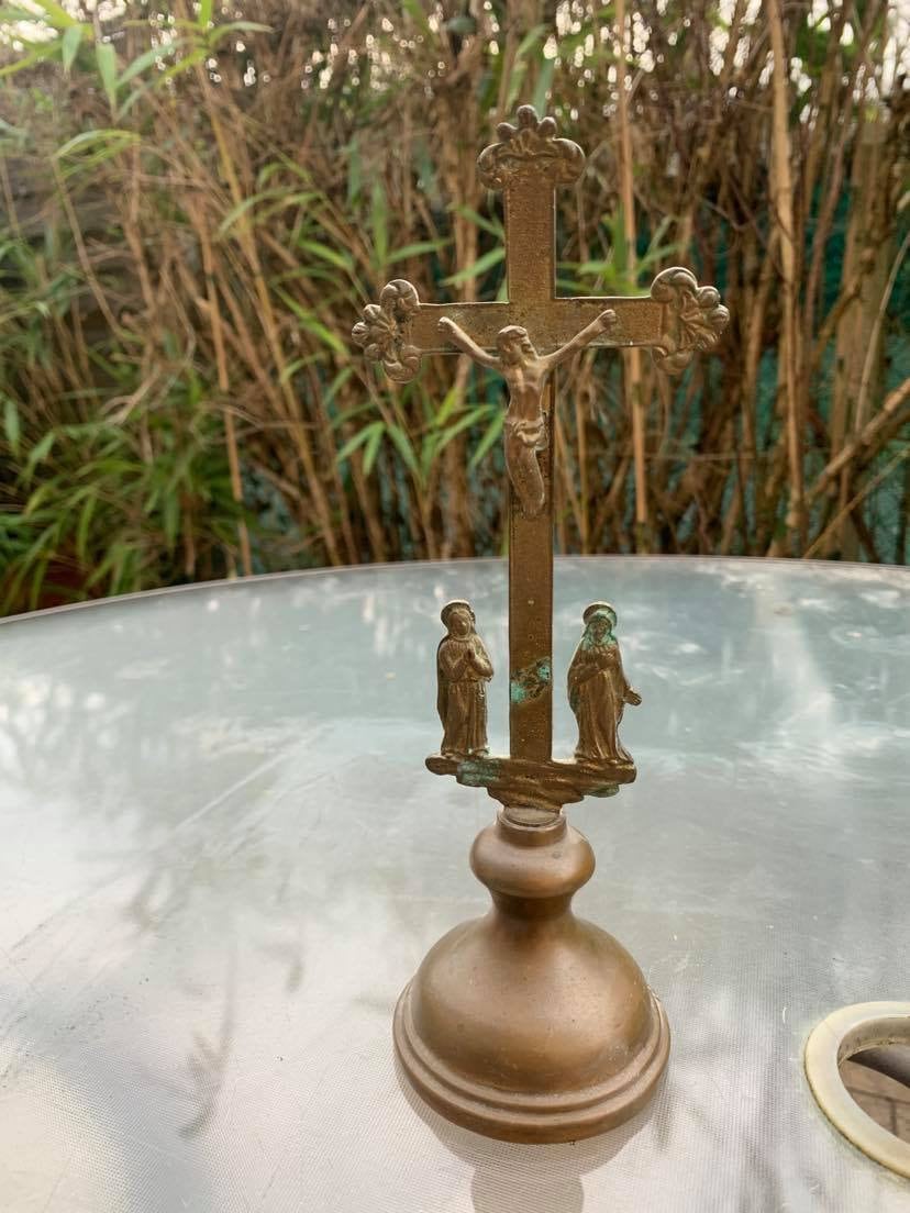 Rare Français Antique 19Ème Siècle en Bronze Massif Cucifix Gravé Reliquaire Orné Sacré Cœur Jésus S