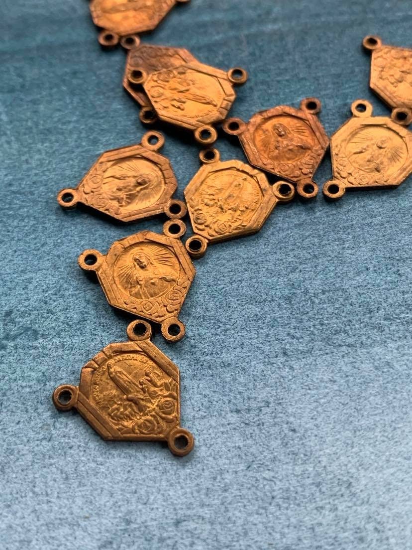 Lot 10Pcs Millésime Français Médaille Religieuse Coeur Chapelet en Cuivre Massif Fatima Notre-Dame C