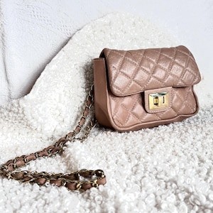 Vintage  old rose color genuine leather cross body bag gold chain bag luxurious style bag made in Italy sac quilted leather bag