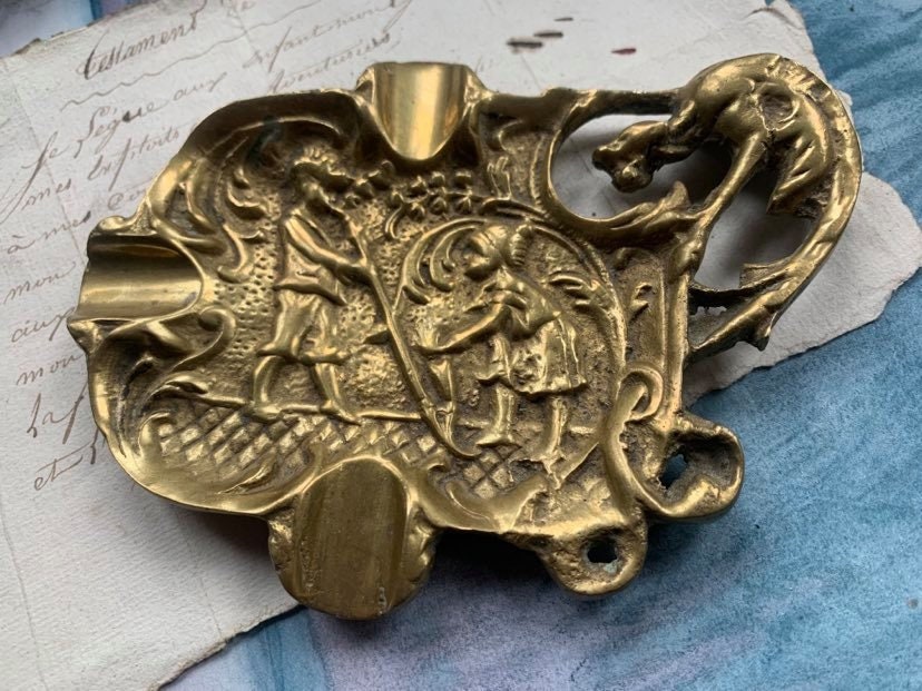 Français Antique Art Nouveau Bronze Massif Or Doré Dragon Chemira Plateau Lourd Antique