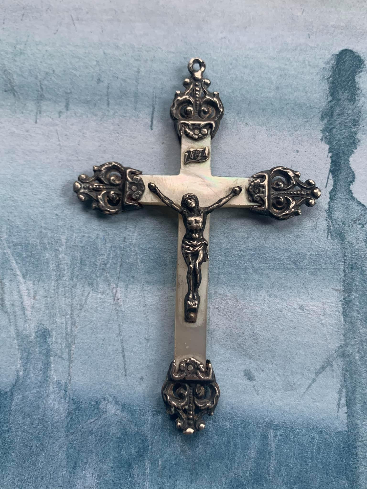 Français Antique en Argent Sterling Du 19Ème Siècle Nacre Grande Croix Crucifix Fleur Ornée